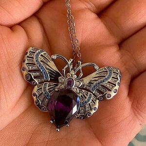 Antique Butterfly Amethyst Pendant Necklace, Silver, Brooch, Wedding, Engagement